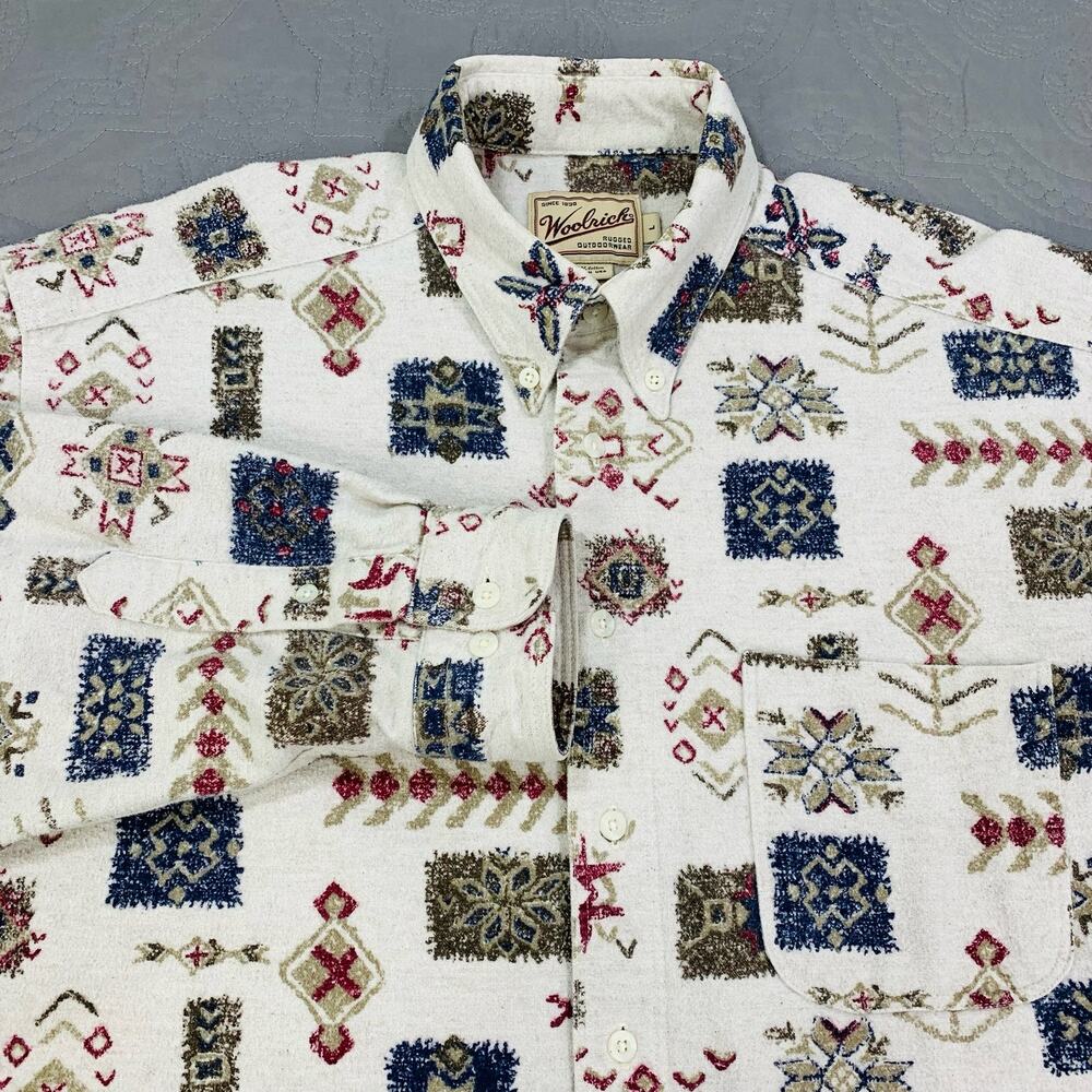 Vintage Woolrich Shirt Mens Large USA White Winter AOP Flannel‎ Cotton Western